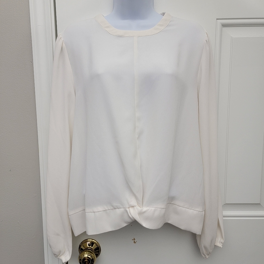 Nine West Ivory Long Sleeve Blouse Knot Front Ruched Hem Balloon Sleeve Large